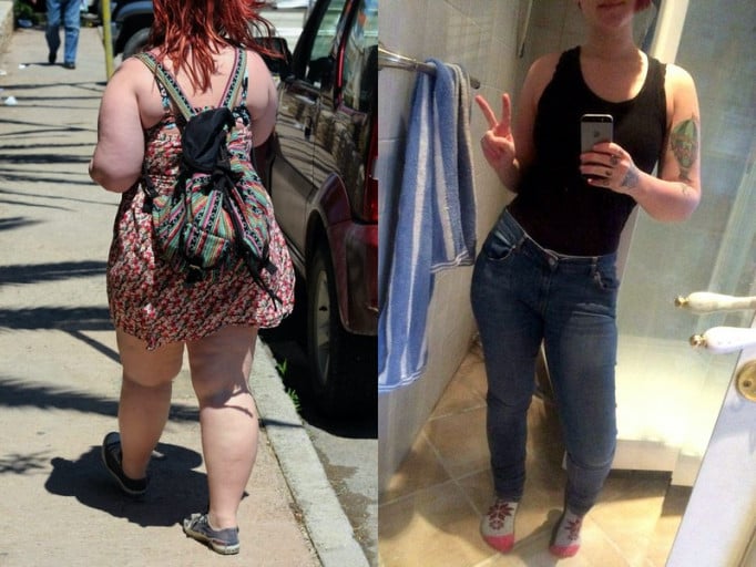 A picture of a 5'3" female showing a fat loss from 209 pounds to 132 pounds. A respectable loss of 77 pounds.