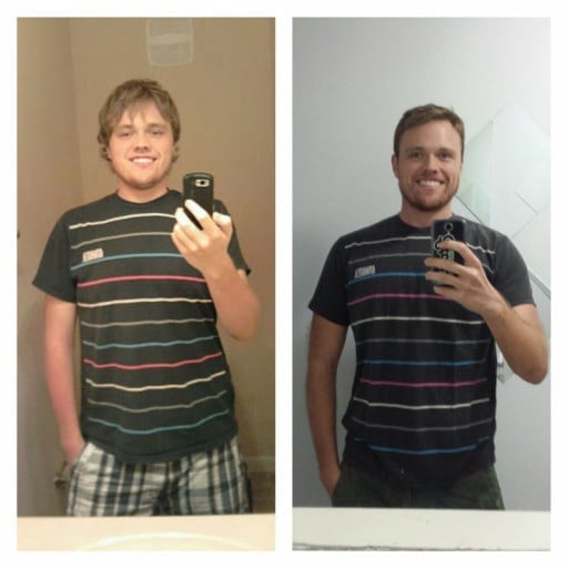 A progress pic of a 6'3" man showing a fat loss from 230 pounds to 210 pounds. A respectable loss of 20 pounds.