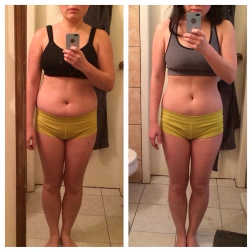 A progress pic of a 5'2" woman showing a fat loss from 135 pounds to 119 pounds. A net loss of 16 pounds.