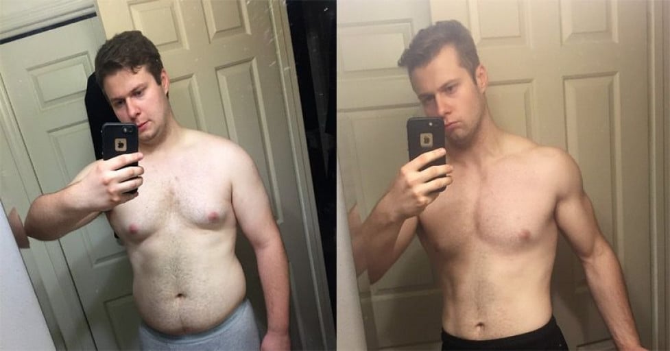 A photo of a 5'11" man showing a weight loss from 245 pounds to 195 pounds. A net loss of 50 pounds.