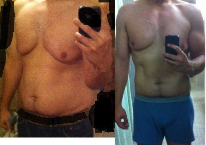 A progress pic of a 5'10" man showing a fat loss from 220 pounds to 190 pounds. A net loss of 30 pounds.
