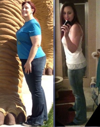 A progress pic of a 5'7" woman showing a fat loss from 252 pounds to 172 pounds. A respectable loss of 80 pounds.