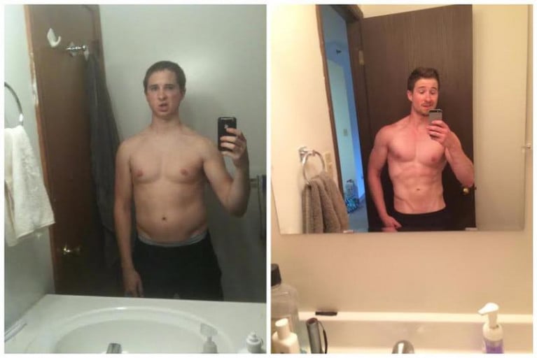 A progress pic of a 5'6" man showing a fat loss from 149 pounds to 147 pounds. A net loss of 2 pounds.