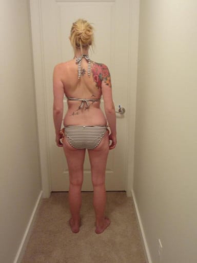 A before and after photo of a 5'8" female showing a snapshot of 139 pounds at a height of 5'8