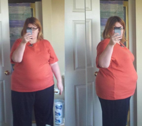 A progress pic of a 5'4" woman showing a weight reduction from 294 pounds to 187 pounds. A respectable loss of 107 pounds.