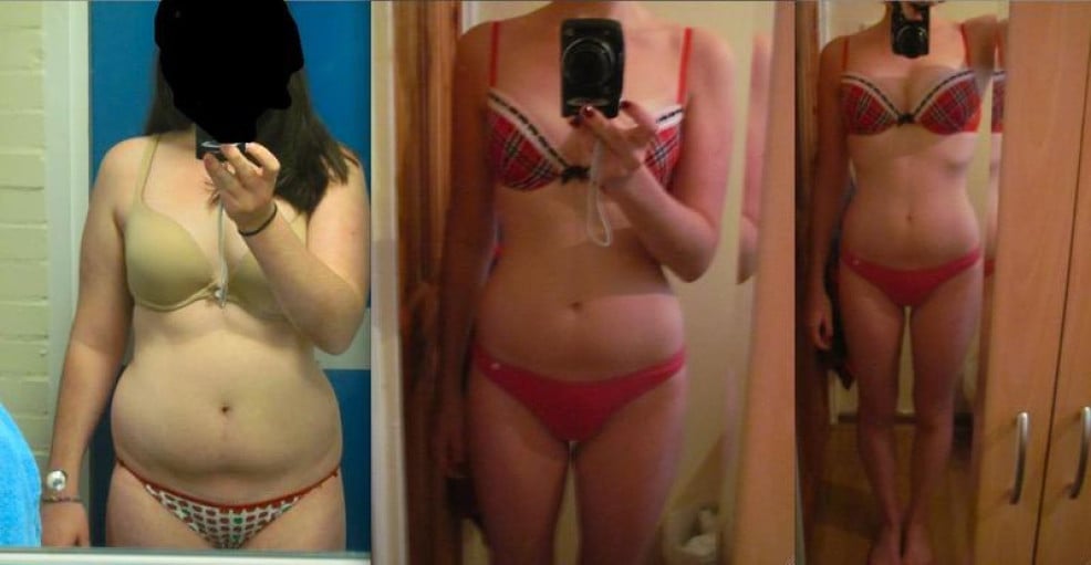 A picture of a 5'6" female showing a weight loss from 169 pounds to 127 pounds. A net loss of 42 pounds.