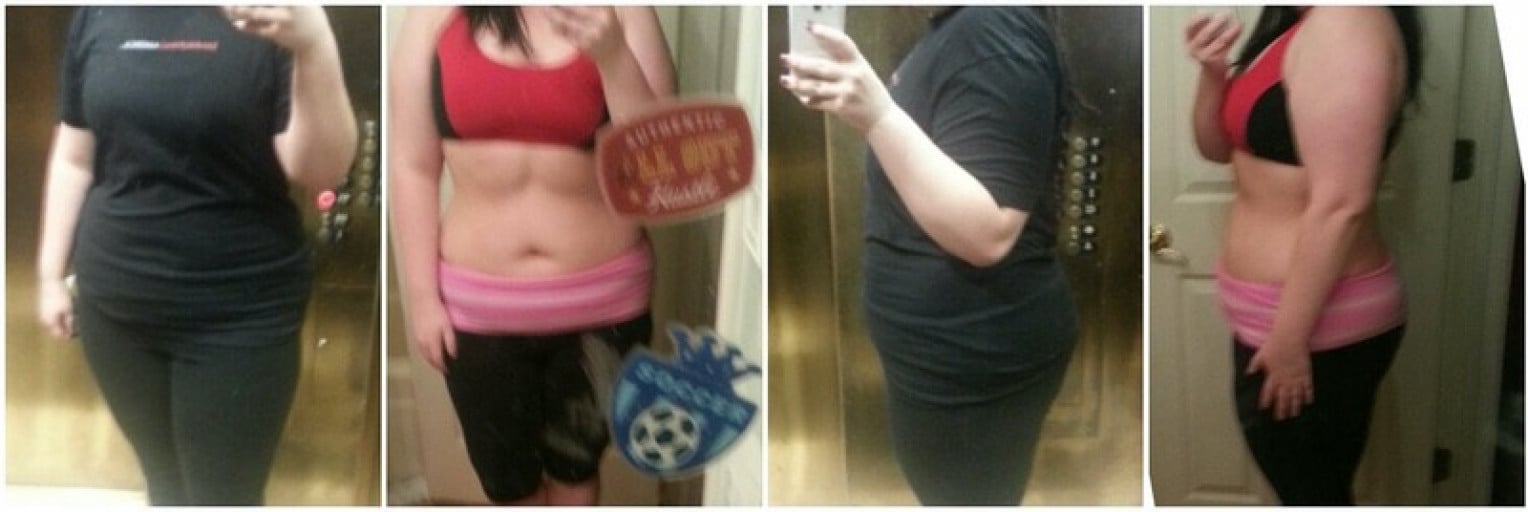 A picture of a 5'7" female showing a weight loss from 220 pounds to 190 pounds. A net loss of 30 pounds.