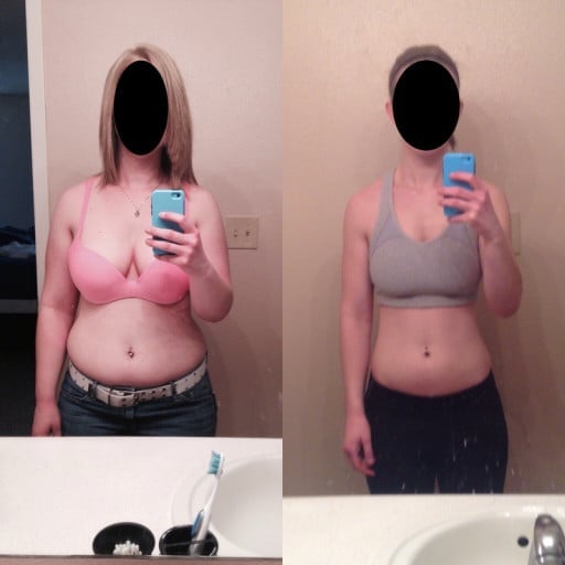 A picture of a 5'7" female showing a weight loss from 180 pounds to 134 pounds. A respectable loss of 46 pounds.