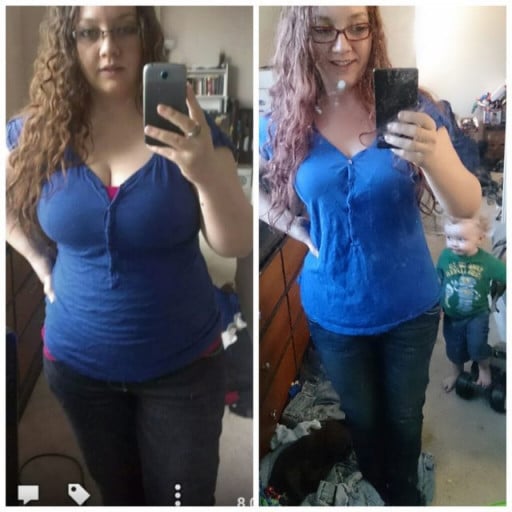 A progress pic of a 5'2" woman showing a fat loss from 200 pounds to 149 pounds. A respectable loss of 51 pounds.