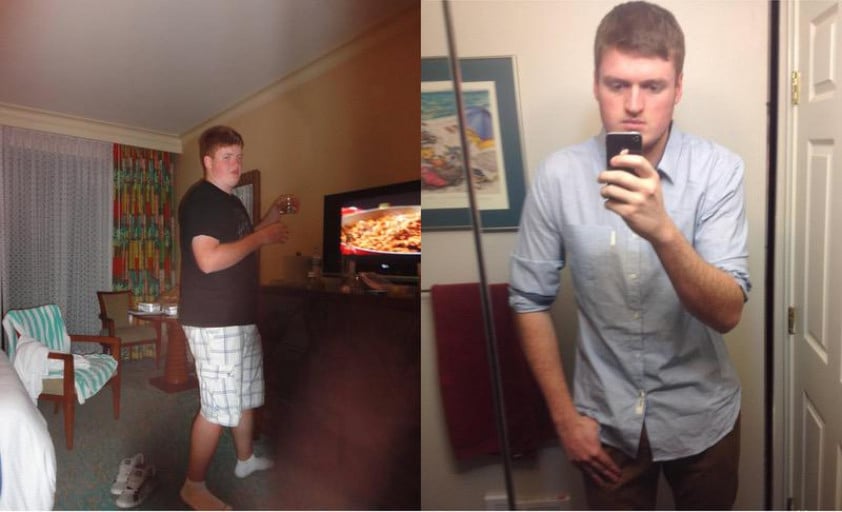 A photo of a 6'6" man showing a weight cut from 250 pounds to 210 pounds. A total loss of 40 pounds.