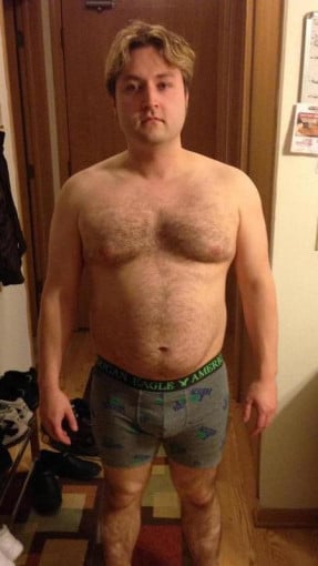 A before and after photo of a 5'6" male showing a weight cut from 198 pounds to 158 pounds. A total loss of 40 pounds.