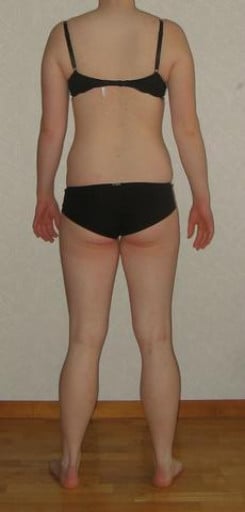 A before and after photo of a 5'9" female showing a snapshot of 157 pounds at a height of 5'9