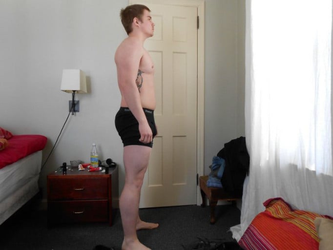 A before and after photo of a 5'7" male showing a snapshot of 187 pounds at a height of 5'7