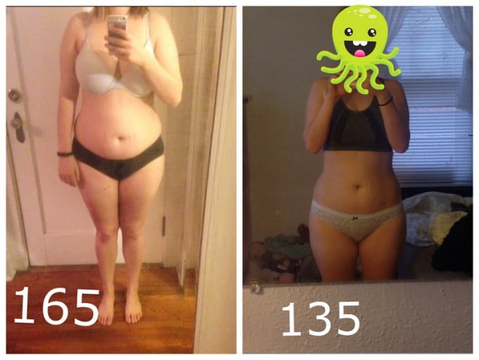 A before and after photo of a 5'4" female showing a weight loss from 165 pounds to 135 pounds. A respectable loss of 30 pounds.