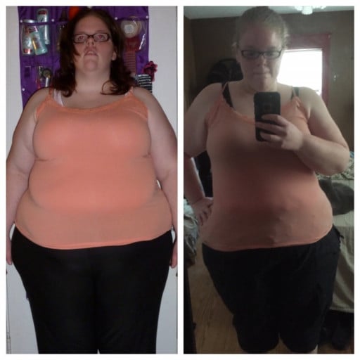 A photo of a 5'7" woman showing a weight cut from 370 pounds to 299 pounds. A net loss of 71 pounds.