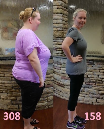 A picture of a 5'6" female showing a weight loss from 308 pounds to 158 pounds. A net loss of 150 pounds.