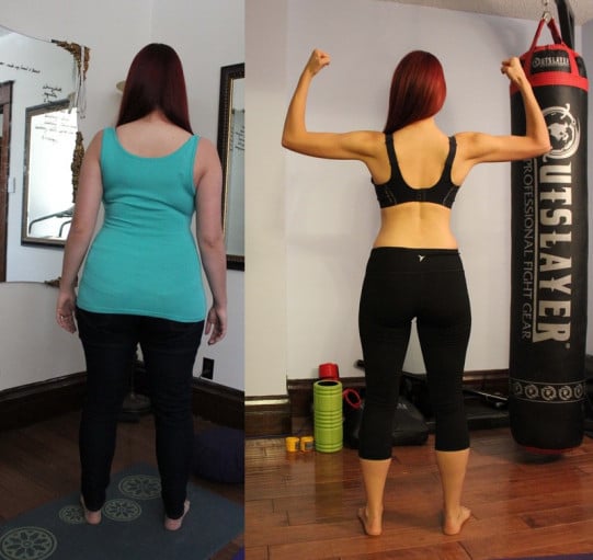 A picture of a 5'4" female showing a weight cut from 166 pounds to 120 pounds. A net loss of 46 pounds.