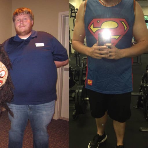 A before and after photo of a 5'10" male showing a weight cut from 368 pounds to 213 pounds. A total loss of 155 pounds.