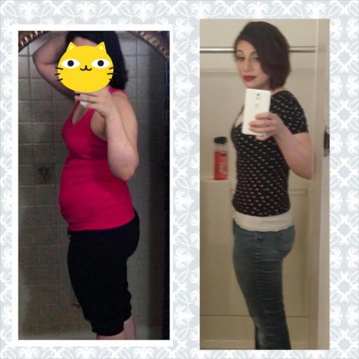 A before and after photo of a 5'2" female showing a weight reduction from 170 pounds to 130 pounds. A net loss of 40 pounds.