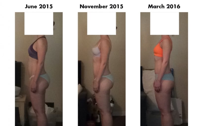 A photo of a 5'4" woman showing a fat loss from 138 pounds to 122 pounds. A net loss of 16 pounds.