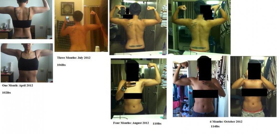 A photo of a 5'2" woman showing a muscle gain from 96 pounds to 114 pounds. A respectable gain of 18 pounds.