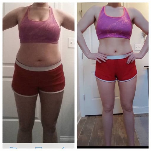 A photo of a 5'9" woman showing a fat loss from 194 pounds to 173 pounds. A respectable loss of 21 pounds.