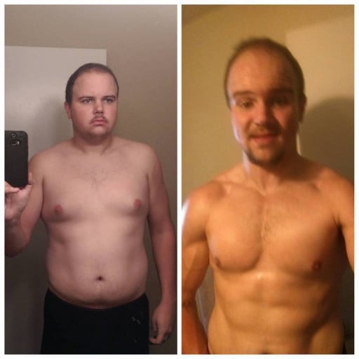A picture of a 6'1" male showing a weight loss from 285 pounds to 180 pounds. A net loss of 105 pounds.
