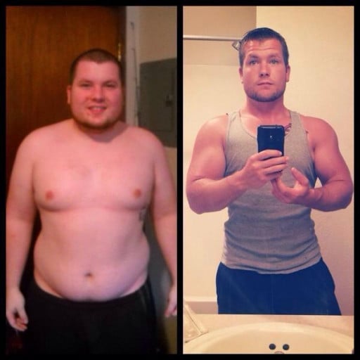A progress pic of a 5'8" man showing a fat loss from 260 pounds to 180 pounds. A net loss of 80 pounds.