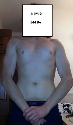 A picture of a 6'3" male showing a muscle gain from 144 pounds to 190 pounds. A net gain of 46 pounds.