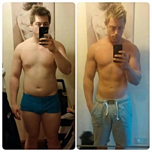 A progress pic of a 5'11" man showing a fat loss from 210 pounds to 189 pounds. A respectable loss of 21 pounds.