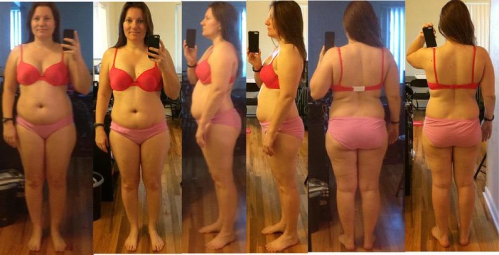 A photo of a 5'2" woman showing a weight cut from 170 pounds to 150 pounds. A net loss of 20 pounds.
