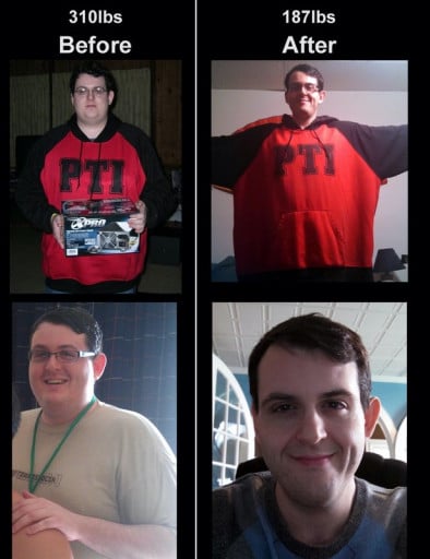 A picture of a 6'0" male showing a weight loss from 310 pounds to 187 pounds. A total loss of 123 pounds.