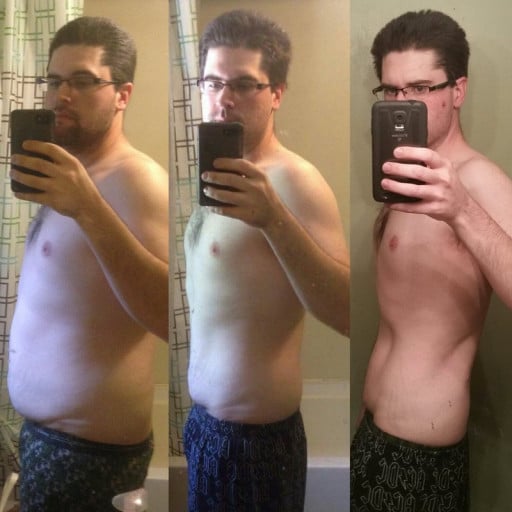 A progress pic of a 6'1" man showing a weight cut from 245 pounds to 175 pounds. A net loss of 70 pounds.