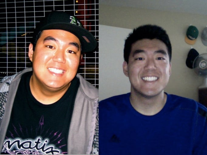 A progress pic of a 6'1" man showing a fat loss from 285 pounds to 201 pounds. A respectable loss of 84 pounds.