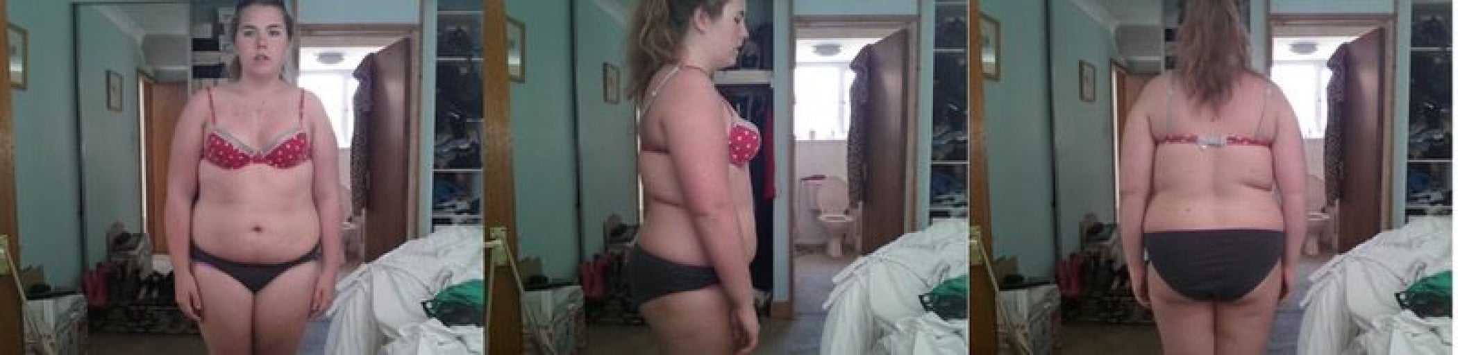 A picture of a 5'8" female showing a fat loss from 220 pounds to 183 pounds. A respectable loss of 37 pounds.