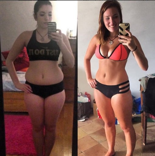 A picture of a 5'6" female showing a weight loss from 155 pounds to 132 pounds. A total loss of 23 pounds.