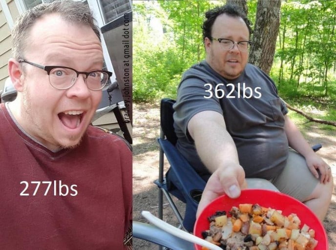 A picture of a 5'10" male showing a weight loss from 362 pounds to 277 pounds. A net loss of 85 pounds.