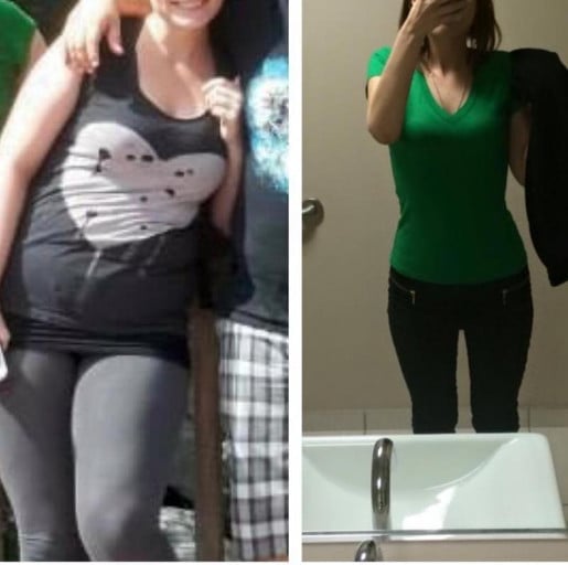 A progress pic of a 5'6" woman showing a fat loss from 178 pounds to 128 pounds. A respectable loss of 50 pounds.
