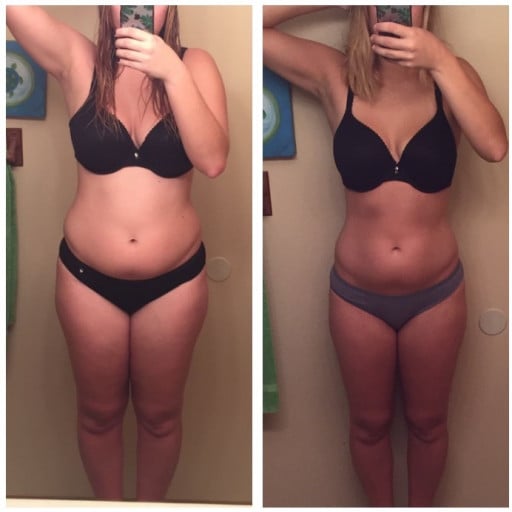 A photo of a 5'8" woman showing a fat loss from 177 pounds to 160 pounds. A respectable loss of 17 pounds.