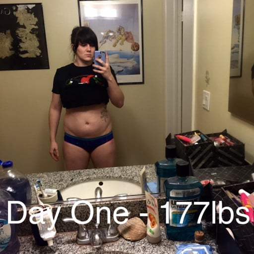 A photo of a 5'7" woman showing a weight reduction from 177 pounds to 162 pounds. A respectable loss of 15 pounds.