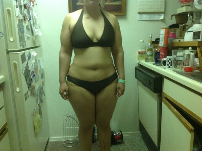 A before and after photo of a 5'3" female showing a snapshot of 173 pounds at a height of 5'3