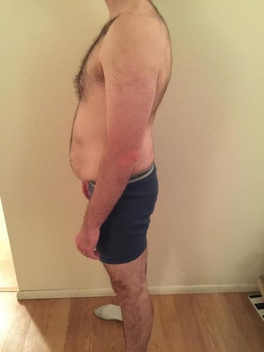 A before and after photo of a 5'8" male showing a snapshot of 170 pounds at a height of 5'8