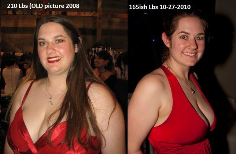 A picture of a 5'7" female showing a fat loss from 210 pounds to 147 pounds. A respectable loss of 63 pounds.