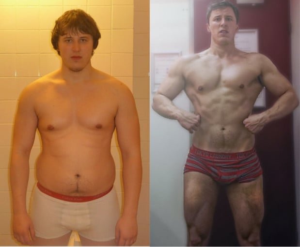 A progress pic of a 6'2" man showing a fat loss from 230 pounds to 200 pounds. A total loss of 30 pounds.