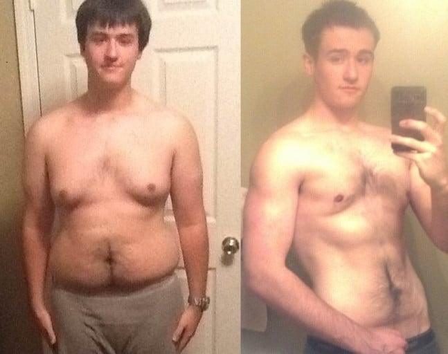 A progress pic of a 6'0" man showing a fat loss from 230 pounds to 180 pounds. A respectable loss of 50 pounds.