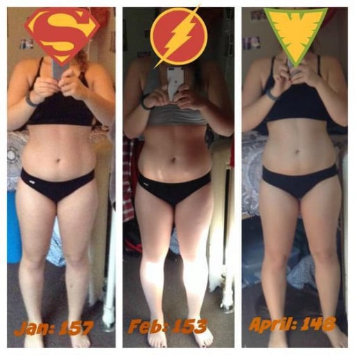 A picture of a 5'5" female showing a fat loss from 157 pounds to 148 pounds. A net loss of 9 pounds.