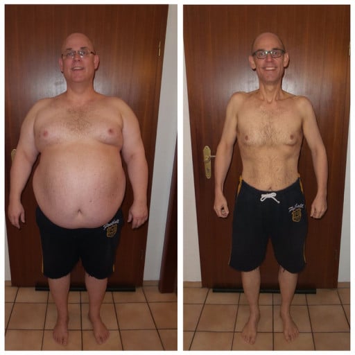 A before and after photo of a 5'11" male showing a weight cut from 342 pounds to 165 pounds. A total loss of 177 pounds.
