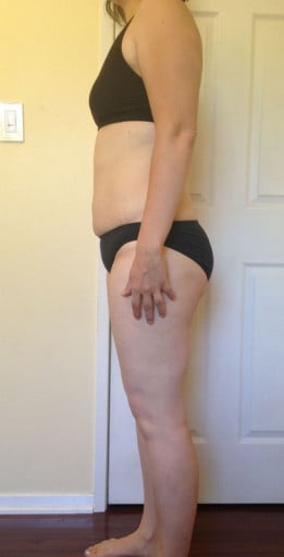 A photo of a 5'7" woman showing a snapshot of 169 pounds at a height of 5'7