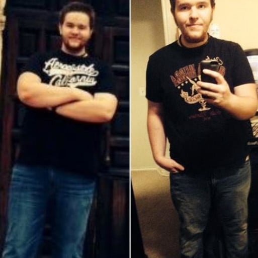 A before and after photo of a 5'9" male showing a weight reduction from 279 pounds to 236 pounds. A total loss of 43 pounds.