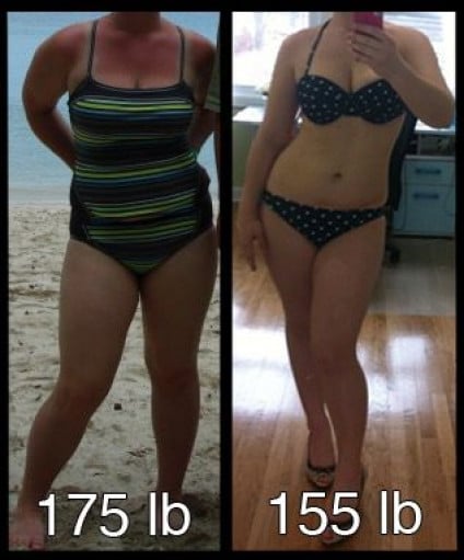 A before and after photo of a 5'5" female showing a weight reduction from 175 pounds to 155 pounds. A respectable loss of 20 pounds.